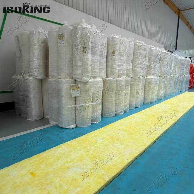 Vacuum packed IKING glass wool roll showing professional eco-friendly packaging and specs label