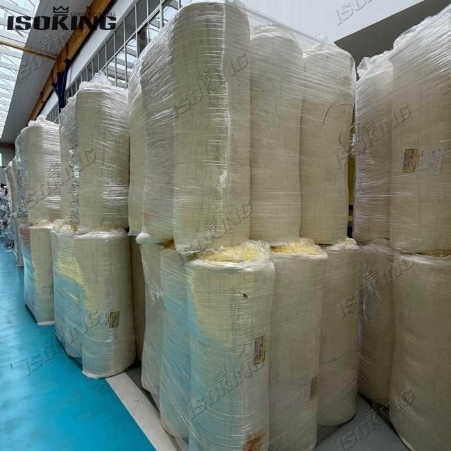 IKING fiberglass insulation for roof stored neatly in factory warehouse